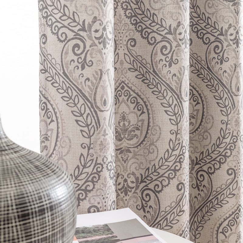 jinchan Linen Textured Curtains for Living Room Darkening 63 Inch Length, Medallion Drapes for Bedroom, Damask Pattern Window Treatments Vintage Curtain Panels, 2 Panels Grey on Greige - Image 1